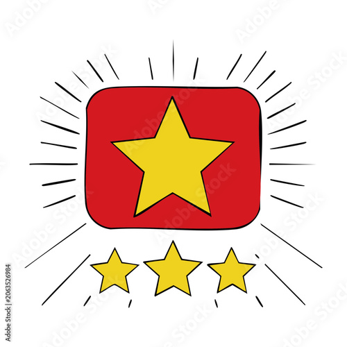 Yellow star in red square with radiating lines and small stars