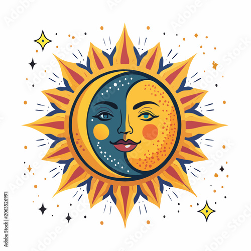 Sun and Moon face illustration with stars