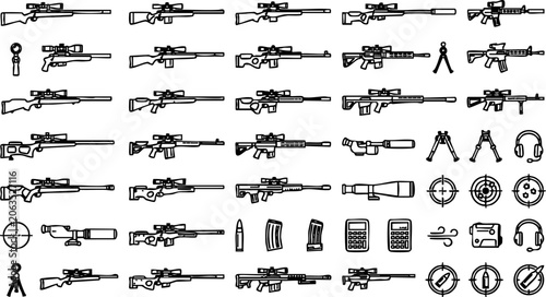Fotografija Set of sniper rifles and tactical shooting equipment vector illustration with ta