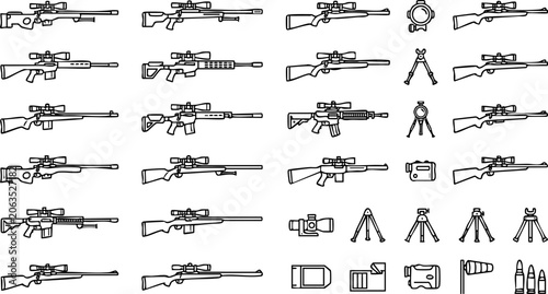 Sniper rifle collection and tactical marksmanship equipment vector icons with long range shooting tactical military ammunition equipment precision crosshair