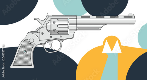 Obraz na plátně Classic silver revolver handgun with a textured grip is displayed against a background of colorful abstract circles