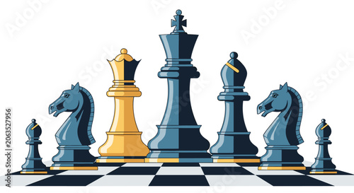Quadro em tela Set of blue and gold chess pieces including king queen bishop knight and pawn are arranged on a checkered board