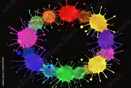 A bunch of colorful paint splatters on a black background