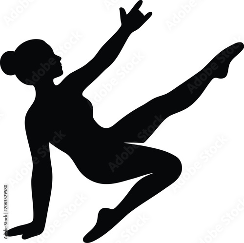 A black silhouette of a female dancer or gymnast in a dynamic pose, isolated on a white background, representing movement, fitness, grace, and athletic performance.work