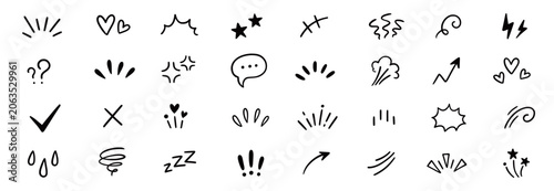 Effect icon line comic set. Hand drawn effect icon line with heart star arrow sketch mark movement. Cute cartoon sparkle emoji question exclamation manga emotion doodle. Vector illustration