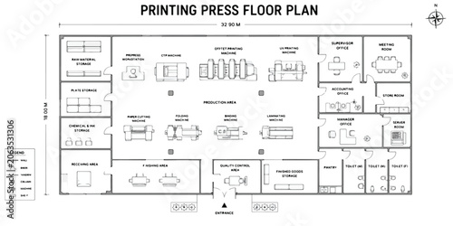 Foto Printing press floor plan vector, industrial factory layout with machinery and o