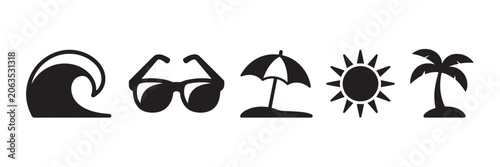 Summer Beach Vacation Icon Set Silhouette Vector Collection