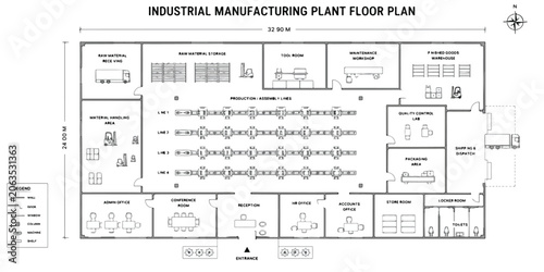 Cuadro en lienzo Industrial manufacturing plant floor plan, technical factory layout vector with