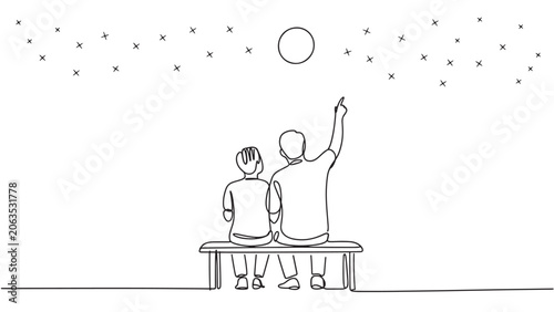Parent and Child Stargazing Line Art Minimalist Vector Illustration