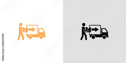 Two flat workers loading boxes into delivery trucks, orange and gray palette