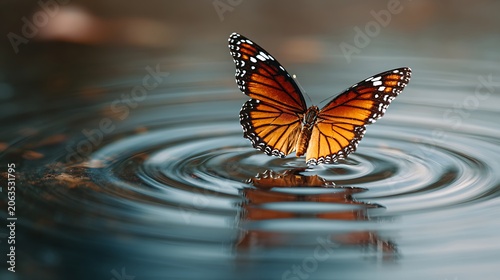 A beautiful monarch butterfly landing on the surface of calm water creating ripples.