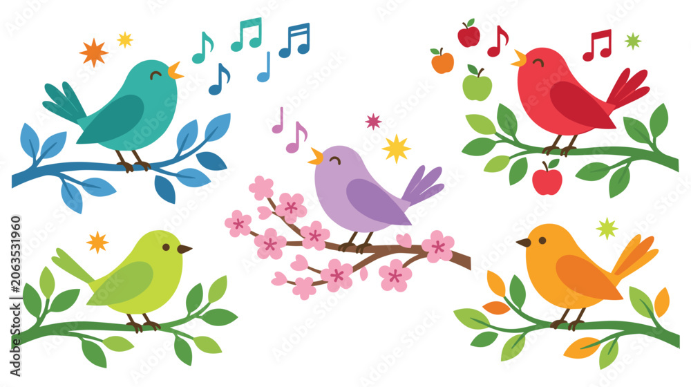 Fototapeta premium Collection of colorful cute birds singing on branches with fruits flowers and music notes.