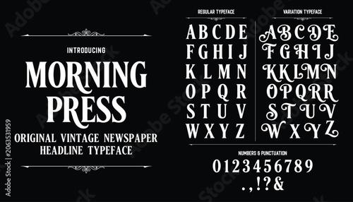 Morning Press Vintage newspaper headline typeface with classic ornamental serif letters for retro branding