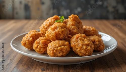 realistic photo of crispy fried chicken pieces on a plate, golden crunchy coating texture, warm natural lighting, wooden table background, delicious food presentation, ultra realistic food photography