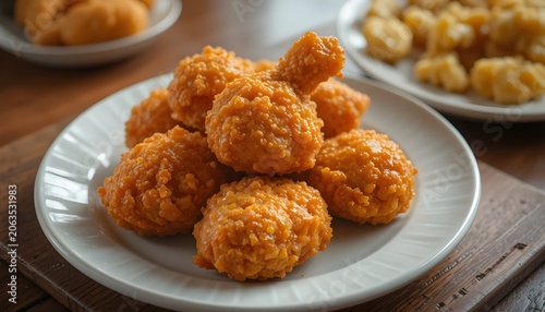 realistic photo of crispy fried chicken pieces on a plate, golden crunchy coating texture, warm natural lighting, wooden table background, delicious food presentation, ultra realistic food photography