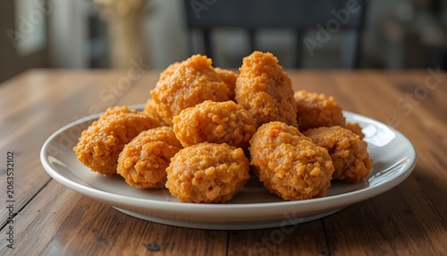 realistic photo of crispy fried chicken pieces on a plate, golden crunchy coating texture, warm natural lighting, wooden table background, delicious food presentation, ultra realistic food photography
