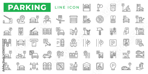 Set of Parking Line Icon Set. Parking Signs, Parking Area, Vehicle and More Editable Stroke Outline Icons Linear Vector Illustration