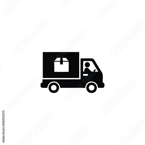 Black and white of a delivery truck with a person holding a package delivery person holding package