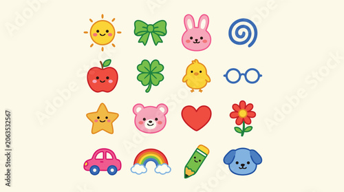 Konstfotografi Collection of cute cartoon icons featuring a sun apple bunny flower dog and more