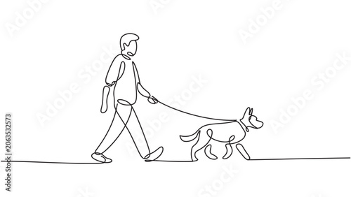 Continuous Line Person Walking Dog Minimalist One Line Vector