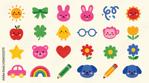 Canvas Print Collection of cute cartoon icons representing various happy elements and subject