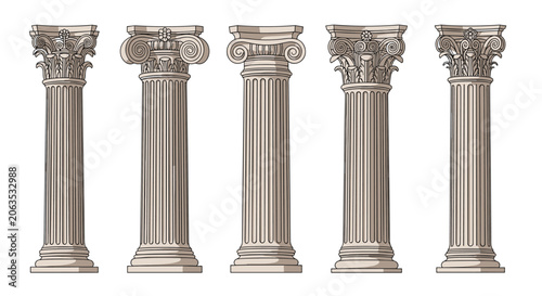 Tableau sur toile Row of five different classical greek and roman columns with ornate capitals is shown on a white background