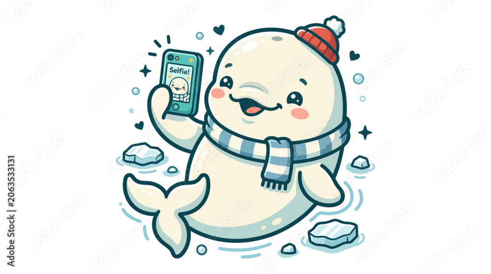 Fototapeta premium Cute Beluga Whale Taking Selfie in Winter