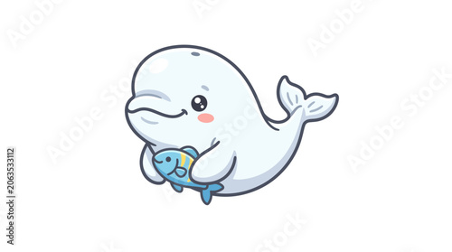 Cute Beluga Whale Holding a Small Fish, Cartoon Style