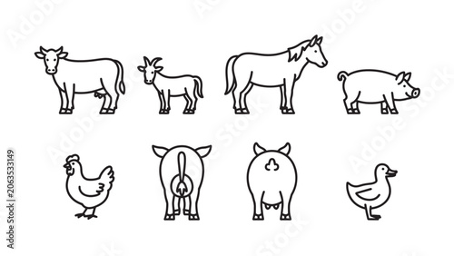 Farm Animal Outline Set Livestock Line Art Vector Collection