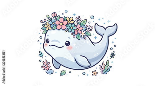 Schilderij op canvas Cute Beluga Whale Wearing Flower Crown, Kawaii Style