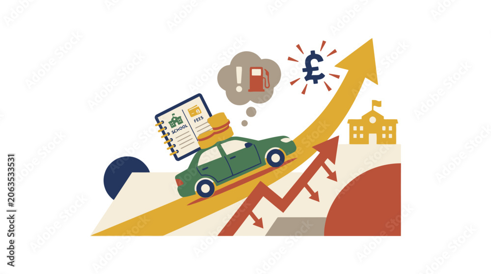Fototapeta premium Illustration of rising cost of living and inflation with car driving up arrow. EPS Editable