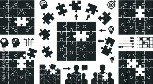 Tableau sur toile Business problem solving jigsaw puzzle icon set with teamwork collaboration stra