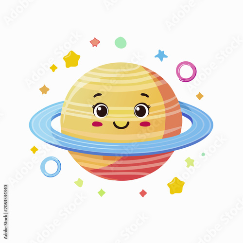 Cute Cartoon Planet with Rings and Stars