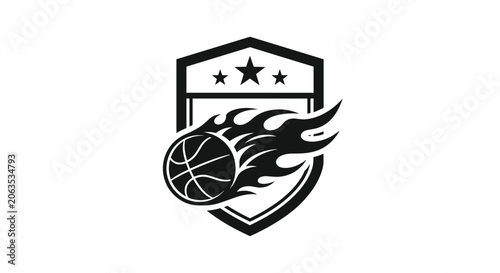 Tableau sur toile Basketball with dynamic black flames and a protective shield logo design representing sports competition and team spirit
