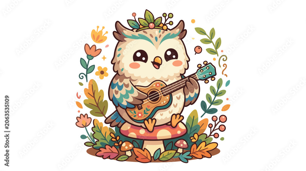 Naklejka premium Cute Owl Playing Guitar on Mushroom, Whimsical Forest Illustration