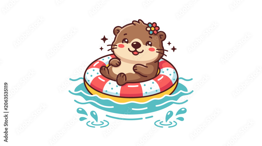 Fototapeta premium Cute Otter Floating on Inflatable Ring in Water