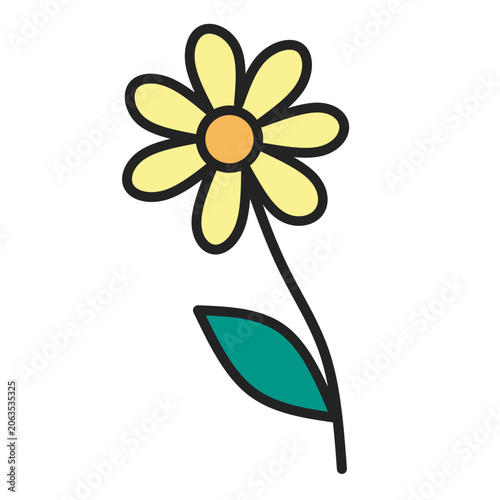 Cute yellow daisy flower with green leaf, flat vector illustration of spring bloom and nature