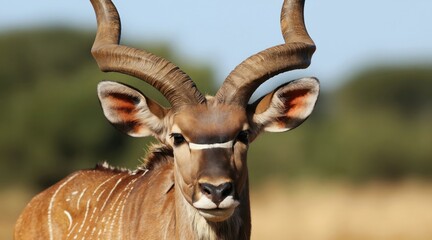 Male kudu antelope with massive spiral horns stands in savanna grass. Animal has brown white striped coat alert expression. Natural habitat wildlife portrait.