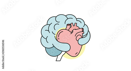 Stylized light blue brain with yellow circle on transparent background
