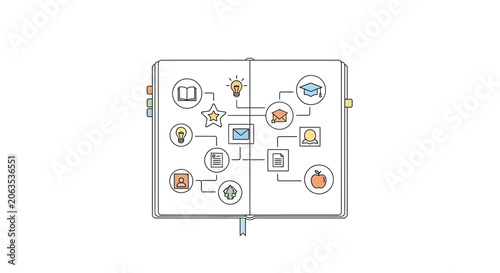 Stylized notebook with book, lightbulb, and person icons