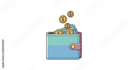 Stylized wallet with cash and coin on transparent background