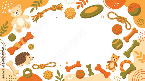 Tablou pe pânză Playful pet toys and treats border illustration with bones and paw prints