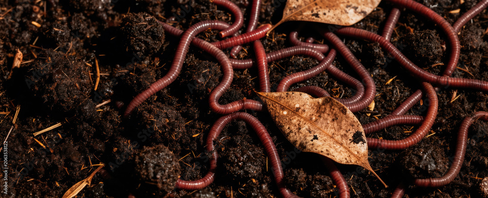 Naklejka premium Earthworms burrow in dark fertile soil with dried leaves, straw fragments. Macro view segmented bodies of red worms working in moist compost, enriching earth. Natural decomposition process aids plant
