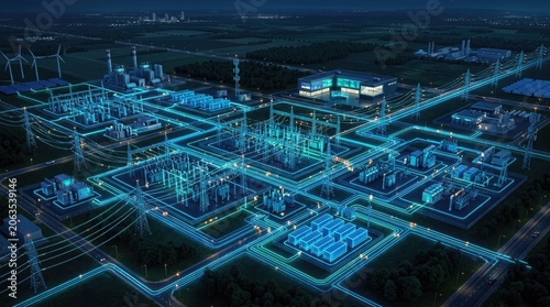 Futuristic power grid with glowing blue energy lines connecting substations and wind turbines at night