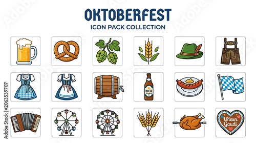 Oktoberfest celebration icons showcase beer, pretzels, and traditional attire