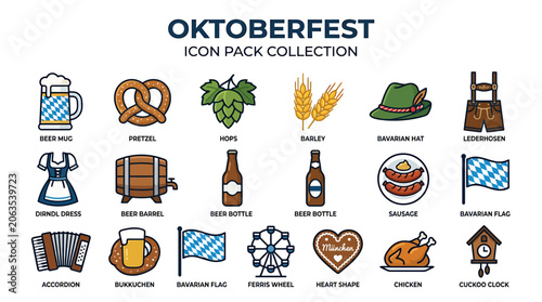 Oktoberfest celebration icons showcase beer, food, and festivities in Germany.