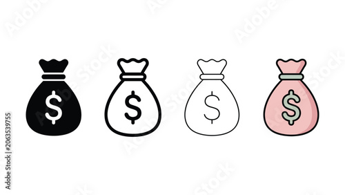 Four different colored money bag icons with dollar signs on white background