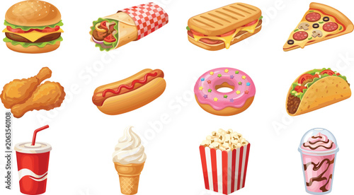 Foto Fast Food and Junk Food Realistic Vector Set Featuring Burger Pizza Taco Hot Dog