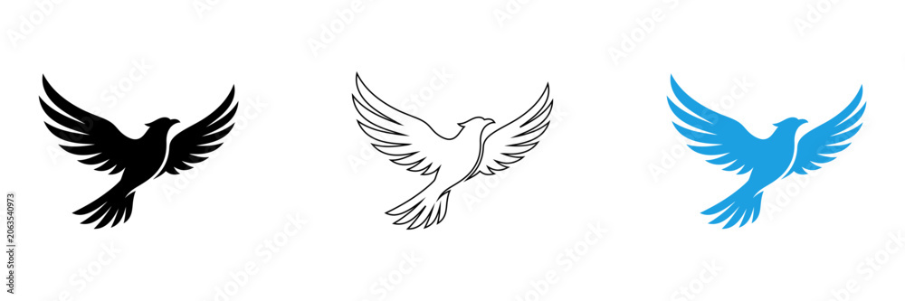 Fototapeta premium Three stylized birds flying in different colors isolated on transparent background, Vector