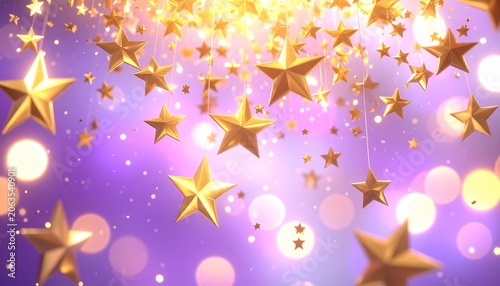 Shower of Golden Stars Cascading Down in Sparkling Purple Night Sky with Bokeh Lights